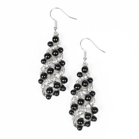 Fancy Silver Black Beaded & Rhinestone Earrings